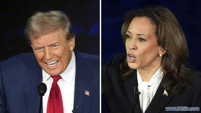 This combination of photos shows Republican presidential nominee former President Donald Trump, left, and Democratic presidential nominee Vice President Kamala Harris during an ABC News presidential debate at the National Constitution Center, Tuesday, Sept. 10, 2024, in Philadelphia. (AP Photo/Alex Brandon)