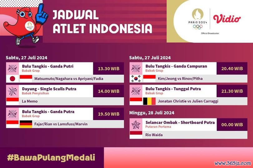 Jadwal Live Streaming Atlet Indonesia Olimpiade Paris 2024 di Vidio, 27 Juli 2024